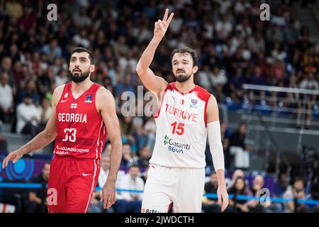 Tbilissi, Géorgie, 4th septembre 2022. Sertac Sanli, de Turquie, réagit lors du match de la FIBA Eurobasket 2022 entre la Turquie et la Géorgie à l'Arena de Tbilissi à Tbilissi, en Géorgie. 4 septembre 2022. Crédit : Nikola Krstic/Alay Banque D'Images