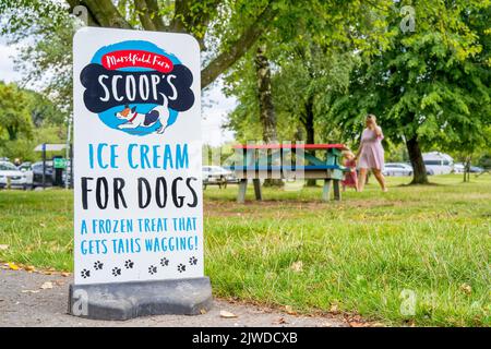 Gros plan du panneau dans le parc public britannique vendant la glace Scoop's spécialement conçue pour les chiens ! Banque D'Images