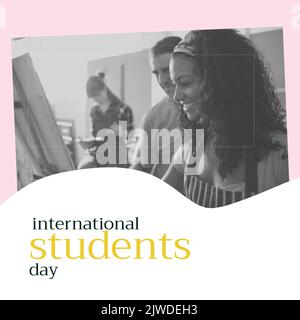 Composition du texte de la journée des étudiants internationaux avec divers élèves et enseignants pendant la classe d'art Banque D'Images
