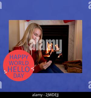 Composition de Happy World bonjour day text avec une femme caucasienne utilisant une tablette Banque D'Images