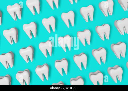 Motif de rendu White Healthy Teeth Motion 3D sur fond bleu. Modèle d'anatomie de la dent molaire numérique du jour du dentiste national. Extraction des dents de sagesse Banque D'Images
