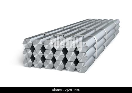 Pile de barres en acier de forme hexagonale isolée sur fond blanc - rendu 3D Banque D'Images