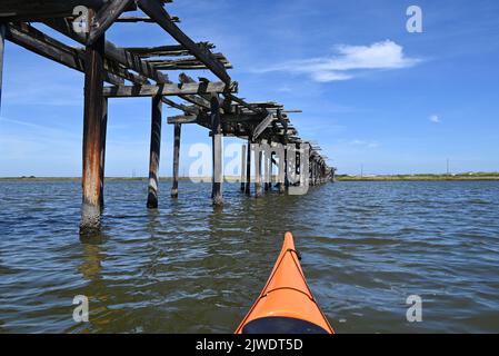 En kayak au-delà des restes de pylônes d'un pont en bois des années 1930 traversant le détroit de Pamlico dans la réserve naturelle de Pea Island, Outer Banks, Caroline du Nord Banque D'Images