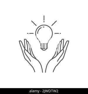 Icône d'ampoule en main. Icône de ligne de main avec icône d'ampoule de lampe . Icône d'idée. Illustration vectorielle Illustration de Vecteur