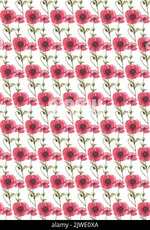 Composition botanique, motif sans couture de fleurs et de feuilles rouges transparentes. Dessin au crayon aquarelle. Des coquelicots, sur un arrière-plan lumineux en radiographie Banque D'Images
