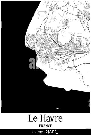 Carte urbaine classique en noir et blanc du Havre France. Cette carte contient des lignes géographiques pour les routes principales et secondaires. Banque D'Images