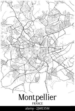 Carte urbaine classique en noir et blanc de Montpellier France. Cette carte contient des lignes géographiques pour les routes principales et secondaires. Banque D'Images