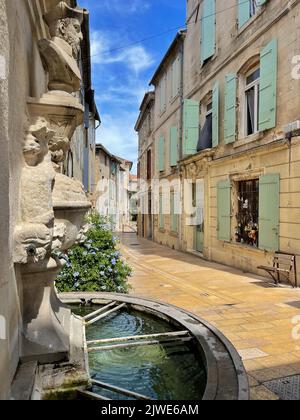 Rue vide avec ancienne fontaine et buste de Nostradamus en été, Saint-Rémy-de-Provence, Bouches-du-Rhône, Provence-Alpes-Côte d'Azur, France Banque D'Images