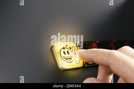 Un client satisfait qui laisse un commentaire positif. Excellent service client. Image composite entre une illustration 3D et une photographie. Banque D'Images