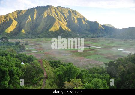 Vue aérienne de la guirlande près du village de Sembalun et du mont Rinjani, Lombok, Indonésie Banque D'Images