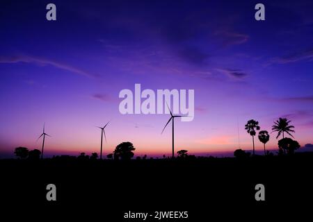 Silhouette de trois éoliennes dans un champ au coucher du soleil, Jeneponto, Sulawesi Sud, Indonésie Banque D'Images