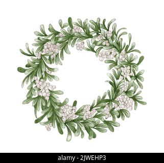 Couronne de Noël à motif floral aquarelle. Cadre botanique au décor traditionnel des plantes : GUI, feuilles d'eucalyptus et baies blanches. Vacances Banque D'Images