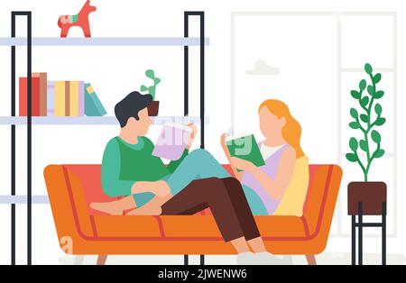 Couple quotidien routine. Activité quotidienne. Un gars heureux et une fille vivant ensemble. Les gens sont assis sur un canapé. Homme et femme lisant des livres. Détente sur le canapé Illustration de Vecteur