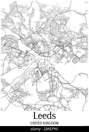 Carte urbaine classique en noir et blanc de Leeds Royaume-Uni. Cette carte contient des lignes géographiques pour les routes principales et secondaires. Banque D'Images