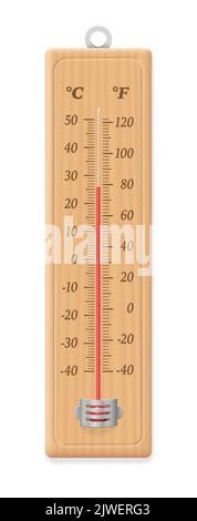 Thermomètre, instrument météorologique en bois spécifié en degrés celsius et fahrenheit, thermomètre à alcool classique de style vintage avec cintre. Banque D'Images