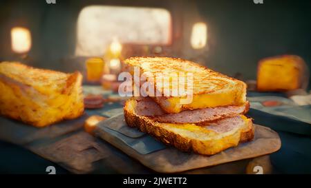 Toast grillé au jambon fumé et au fromage servi sur une planche à découper en bois. Banque D'Images