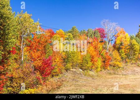 Télésiège de montagne et feuillage d'automne plein de couleurs. Prendre une remontée mécanique pour faire une promenade dans le bois. Banque D'Images