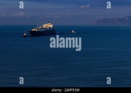 Cartagena, Espagne. Le bateau à gaz Cheikh Bouamama dans la Valle de Escombreras pour décharger le gaz. ABEL F. ROS/stock d'Alamy Banque D'Images