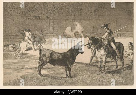 Le célèbre picador, Fernando del Toro, attire la bête féroce avec sa pique ( El célebre Fernando del Toro, barilarguero, obligando á la fiera con su garrocha). Ríos, Ricardo de los (1847-1929), employeur marchand, Goya, Francisco de (1746-1828), graphiste, Calcograf'ia Nacional (Madryt ; 1789- ), maison d'édition, Agua, Perez (fl. Ca 1905), imprimeur Banque D'Images