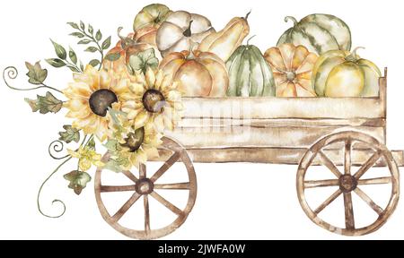 Scène de récolte aquarelle avec chariot en bois et citrouille, tournesol et bouquet de feuilles clipart. Décoration d'automne avec roue familiale pour Thanksgiving Banque D'Images