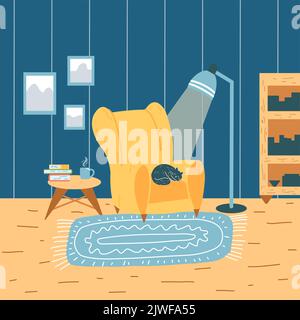 Décoration intérieure de la salle de séjour avec meubles, décoration et chat dans le style de dessin animé plat. Maison confortable avec fauteuil, étagère, table basse, cadre photo Illustration de Vecteur