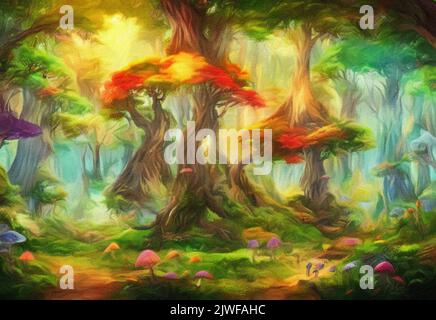 Paysage forestier de fantaisie d'aquarelle et d'huile, arbres magiques, champignons, lumineux. Peinture numérique illustration concept art de la nature mystique, extérieur Banque D'Images