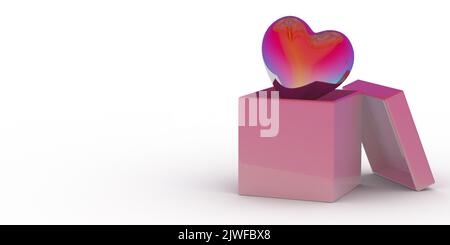 Boîte cadeau carrée rose ouverte en forme de coeur brillant et brillant. 3D rendu de l'arrière-plan blanc. Motif graphique pour les amoureux, les mères et les valentines Banque D'Images