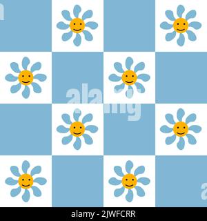 Motif à carreaux bleu clair et petites fleurs. Couleurs vintage dans un style rétro 1970. Dessin vectoriel. Illustration de Vecteur