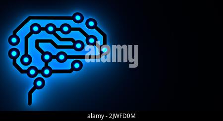 Concept ai (Intelligence artificielle) : symbole du cerveau du processeur brillant bleu points de connexion pour l'apprentissage, symbole de carte de circuit imprimé d'impulsions électriques. 3d rendu Banque D'Images