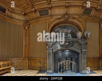 Magnifique hall en bois avec cheminée de la maison des scientifiques à Lviv, Ukraine. Banque D'Images