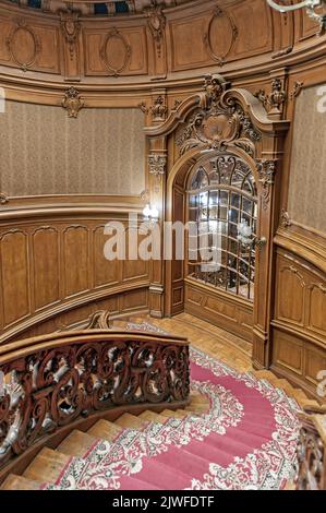 Le chemin vers le bas du bel escalier dans le hall de la maison des scientifiques à Lviv, Ukraine. Banque D'Images