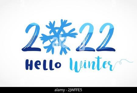 2022 Bonjour l'hiver avec un flocon de neige bleu. 20 22 concept du logo de voyage. Logo de nombre avec neige, signe vecteur créatif. La saison la plus froide de l'année Illustration de Vecteur