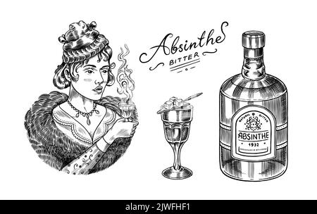 Badge d'étiquette absinthe. Bouteille et verre à liqueur. Femme victorienne tenant un toast boire. Logo alcool fort avec élément calligraphique. Cadre pour affiche Illustration de Vecteur