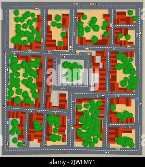 Vue de dessus paysage avec arbres, maisons, et rues Illustration de Vecteur