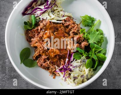 SALADIER avec du porc tiré, de la sauce et de la salade Cole Slaw. Banque D'Images