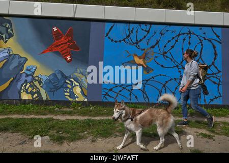 GDANSK, POLOGNE. 05 septembre 2022. Une jeune femme avec un chien marche à côté de peintures murales pro-ukrainiennes et anti-guerre. Près de 30 peintures murales anti-guerre ont été peintes sur le mur à l'arrêt PKM Gdansk Jasien Mapka dans le cadre du projet "en solidarité avec l'Ukraine" lancé par le PKM et l'Académie des beaux-arts de Gdansk. Beaucoup de ces peintures murales sont liées au conflit russo-ukrainien de 2022. Crédit : ASWphoto/Alamy Live News Banque D'Images