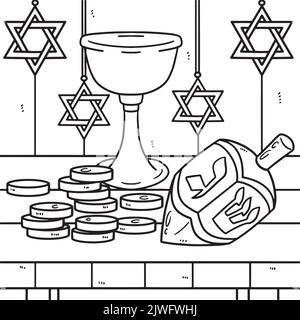 Hanukkah Dreidel, coins et Chalice coloriage page Illustration de Vecteur