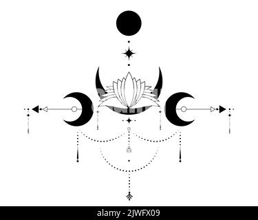 Triple Lune, géométrie sacrée, flèches mystiques et croissant de lune, fleur de Lotus Sacré, lignes pointillées en style boho, icône wiccan, mystique ésotérique alchimie Illustration de Vecteur