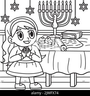 Hanukkah fille priant avec Menorah coloriage page Illustration de Vecteur