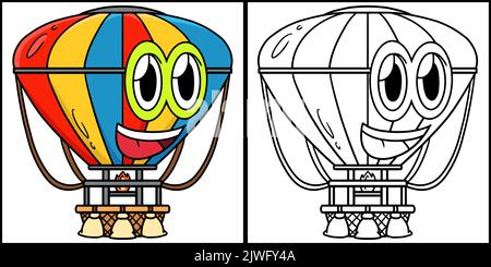 Ballon d'air chaud avec visage page de coloriage de véhicule Illustration de Vecteur