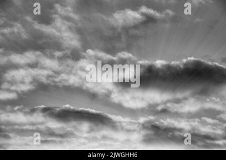 Une image détaillée des nuages blancs avec des rayons de soleil lumineux émanant de noir et blanc Banque D'Images