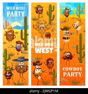Ouest sauvage. Personnages de cowboy de dessin animé, bandit et noix de ranch. pecan, noix du brésil et noix, grain de café, macadamia et arachides, noix, noix de cajou et noisettes cowboy sur bannières vectorielles Illustration de Vecteur