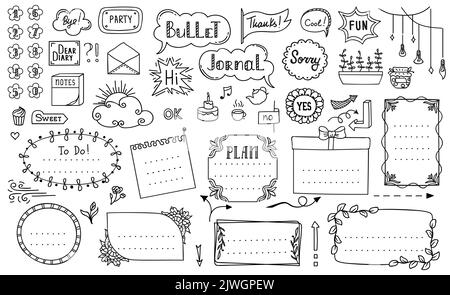 Doodle bullet journal journal carnet cadres dessinés à la main, éléments de calendrier vectoriels. Les bannières de journal à puces et le planificateur de calendrier esquissent les bordures de ligne, les autocollants d'école ou les rubans de liste de pages avec des flèches Illustration de Vecteur