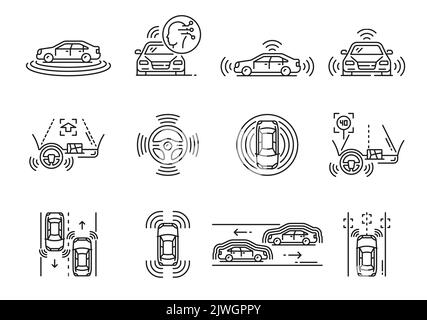 Voiture sans conducteur et icônes de véhicule auto conduite automobile, Vector future technologie. Icônes linéaires de voiture à conduite automatique ou de véhicule sans conducteur, système de transport automatique de capteurs intelligents de circulation routière Illustration de Vecteur