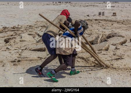 DANAKIL, ETHIOPIE - 24 MARS 2019 : mineurs de sel de la tribu afar dans la dépression de Danakil, Ethiopie. Banque D'Images