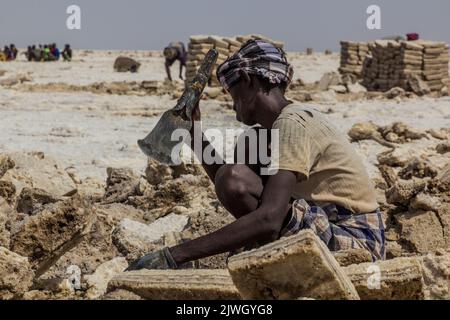 DANAKIL, ETHIOPIE - 24 MARS 2019: Afar Tribe sel mineur dans la dépression de Danakil, Ethiopie. Banque D'Images