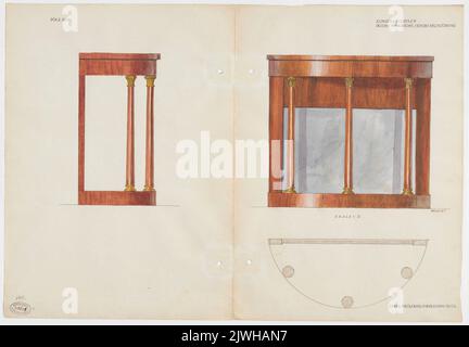 Varsovie. Console mahagony avec miroir, de l'équipement du Château Royal - vue avant, dessus et côté à l'échelle de 1:5. Sobecki, Jan Ludwik (1875 fl. 1939), dessinateur, dessinateur Banque D'Images