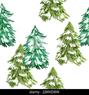Motif aquarelle dessiné à la main avec arbres de Noël. Vacances du nouvel an décembre salutation décor, nordic scandinave traditionnel papier d'emballage imprimé, forêt d'épicéa de conifères de pin vert Banque D'Images