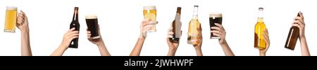 Jeu de mains avec bière sur fond blanc Banque D'Images