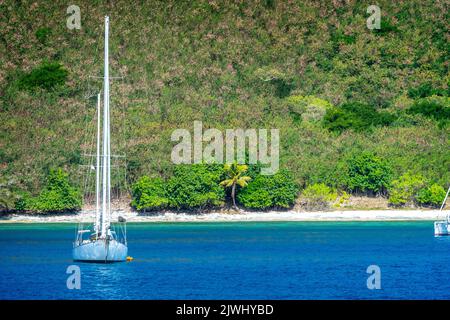 Yacht ancré de l'île tropicale, îles Yasawa, Fidji Banque D'Images